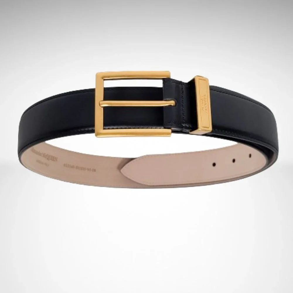 ALEXANDER MCQUEEN Men's The Gold Tone Buckle Belt in Black Calfskin Leather - Picture 2 of 8